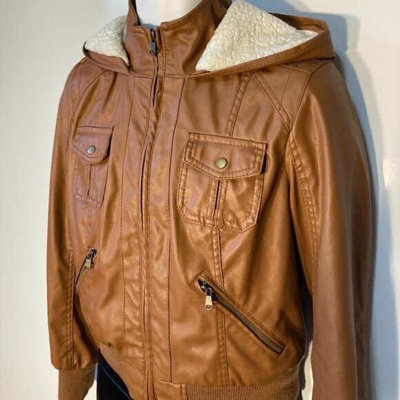 New Look SZL Brown Faux Leather Bomber Jacket Wardrobe Staple Moto Aviator Retro - Picture 3 of 11